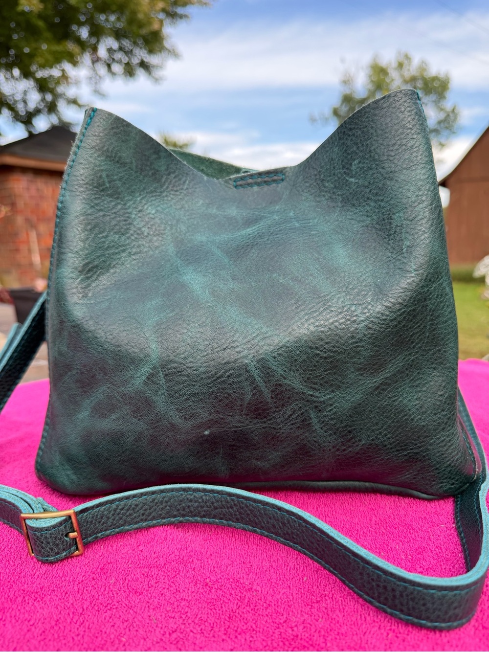 Portland Leather Lagoon Butterfly Bucket Crossbody Bag